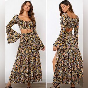 LSPACE Santi Floral Top & Maxi Wrap Skirt Set Pink Yellow Blk Wh…